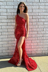 Red One Shoudler Beaded Appliques Long Prom Dress with Slit