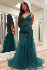 Peacock Mermaid V Neck Spaghetti Straps Beaded Appliques Long Prom Dress 