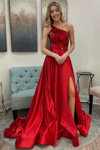 Red Cut Glass Mirror One-Shoulder A-Line Prom Dress with Slit