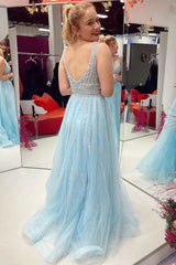 Sparkling Light Blue V-Neck Backless A-Line Prom Dress