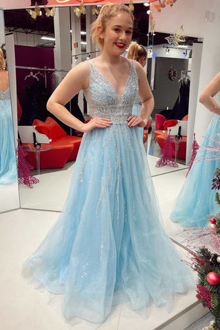 Sparkling Light Blue V-Neck Backless A-Line Prom Dress