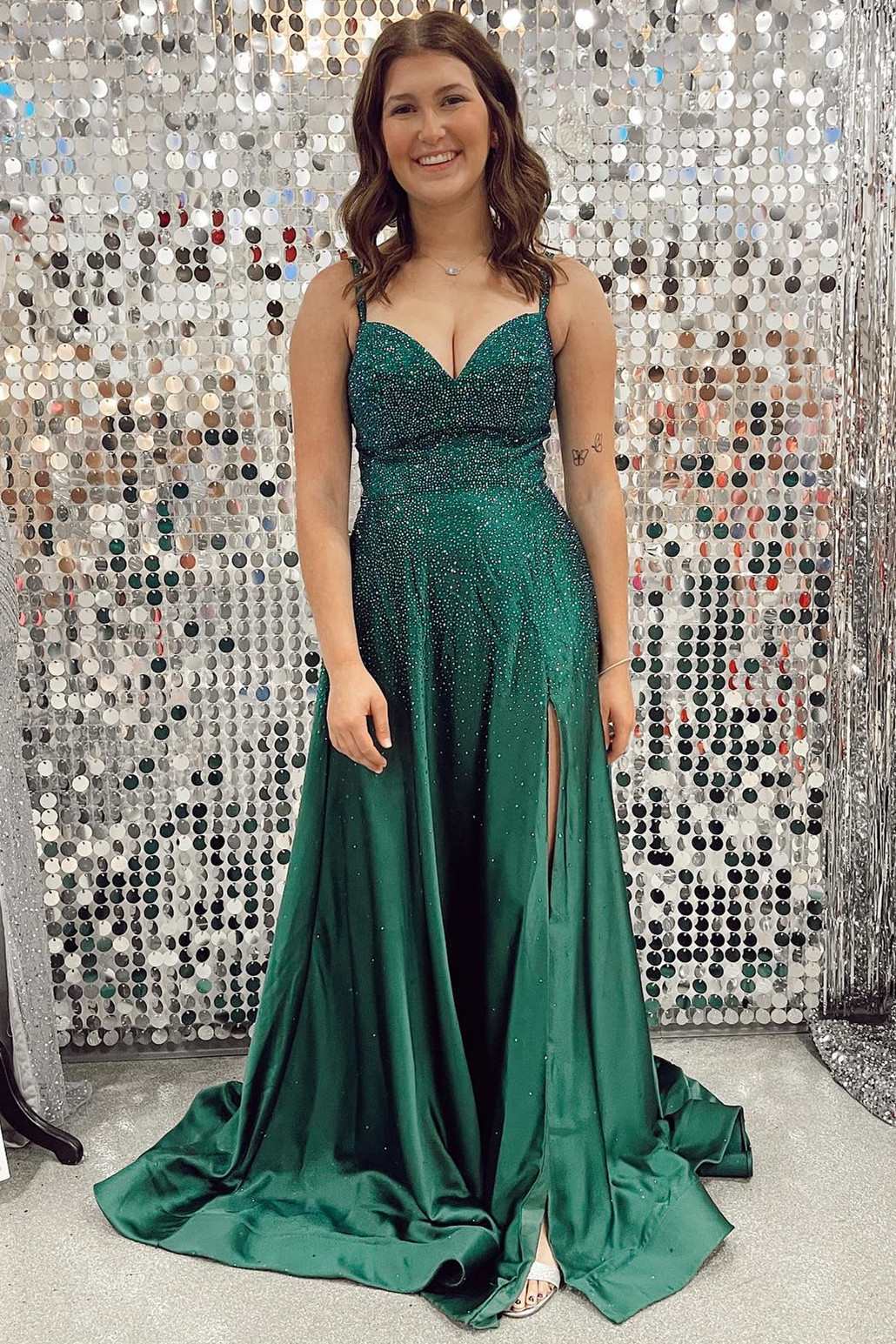 Hunter Green Beaded Lace-Up Back A-Line Prom Dress with Slit