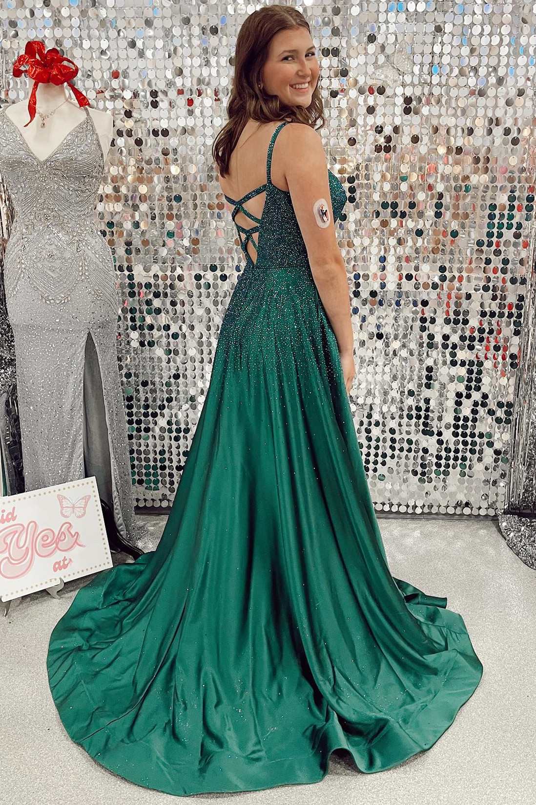 Hunter Green Beaded Lace-Up Back A-Line Prom Dress with Slit