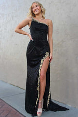 One-Shoulder Black Rhinestone-Trimmed Long Formal Dress with Slit