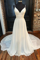 Simple White V-Neck Straps A-Line Wedding Dress