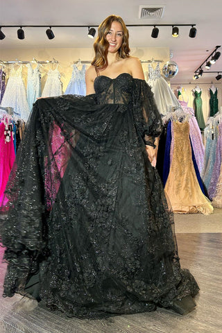 Black A-line Off-the-Shoulder Puff Sleeves Beaded Appliques Long Prom Dress