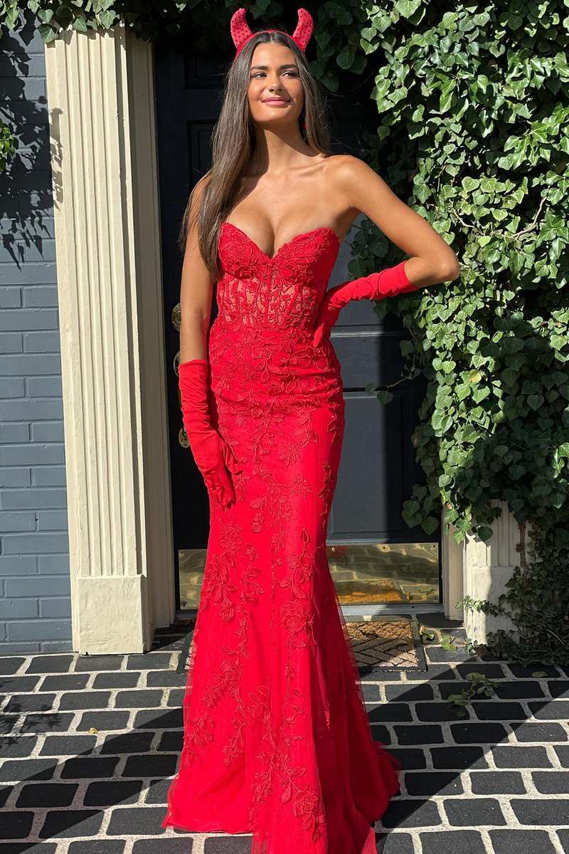 Red Floral Appliques Strapless Mermaid Long Formal Dress