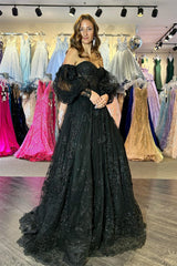 Black A-line Off-the-Shoulder Puff Sleeves Beaded Appliques Long Prom Dress