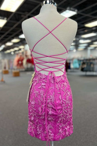 Pink Appliques Lace-Up Back Short Homecoming Dress