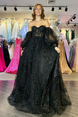 Black A-line Off-the-Shoulder Puff Sleeves Beaded Appliques Long Prom Dress