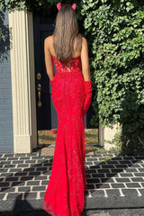 Red Floral Appliques Strapless Mermaid Long Formal Dress