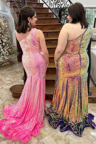 Pink Iridescent Sequin One-Shoulder Trumpet Long Prom Dress with Slit