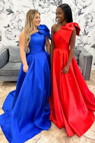 Red One-Shoulder A-Line Prom Dress with Bow