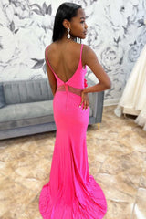 Hot Pink Beaded Bow-Front Cutout Mermaid Long Prom Dress with Slit