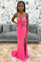 Hot Pink Beaded Bow-Front Cutout Mermaid Long Prom Dress with Slit