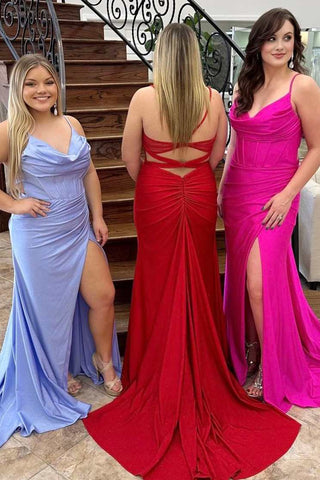 Mermaid Cowl Neck Lace-Up Long Prom Dress with Slit