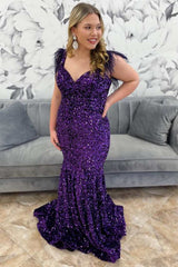 Purple Sequin Feather Off-the-Shoulder Trumpet Long Prom Dress