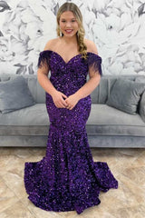 Purple Sequin Feather Off-the-Shoulder Trumpet Long Prom Dress