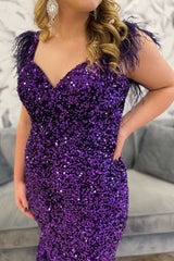 Purple Sequin Feather Off-the-Shoulder Trumpet Long Prom Dress