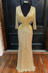 Gold Sequin Fringe V-Neck Mermaid Long Formal Dress