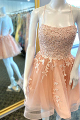 Blush Pink Appliques Lace-Up Back A-Line Short Homecoming Dress