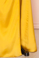 Yellow Cowl Neck Lace-Up Back Long Formal Dress with Slit