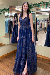 Royal Blue Sequins-Embroidery Lace-Up Long Prom Dress with Slit