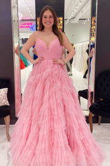 Pink Tulle Empire Waist Tiered A-Line Long Prom Dress with Ruffles