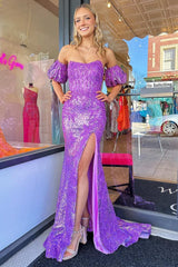 Purple Strapless Mermaid Sequins Slit Long Prom Dress