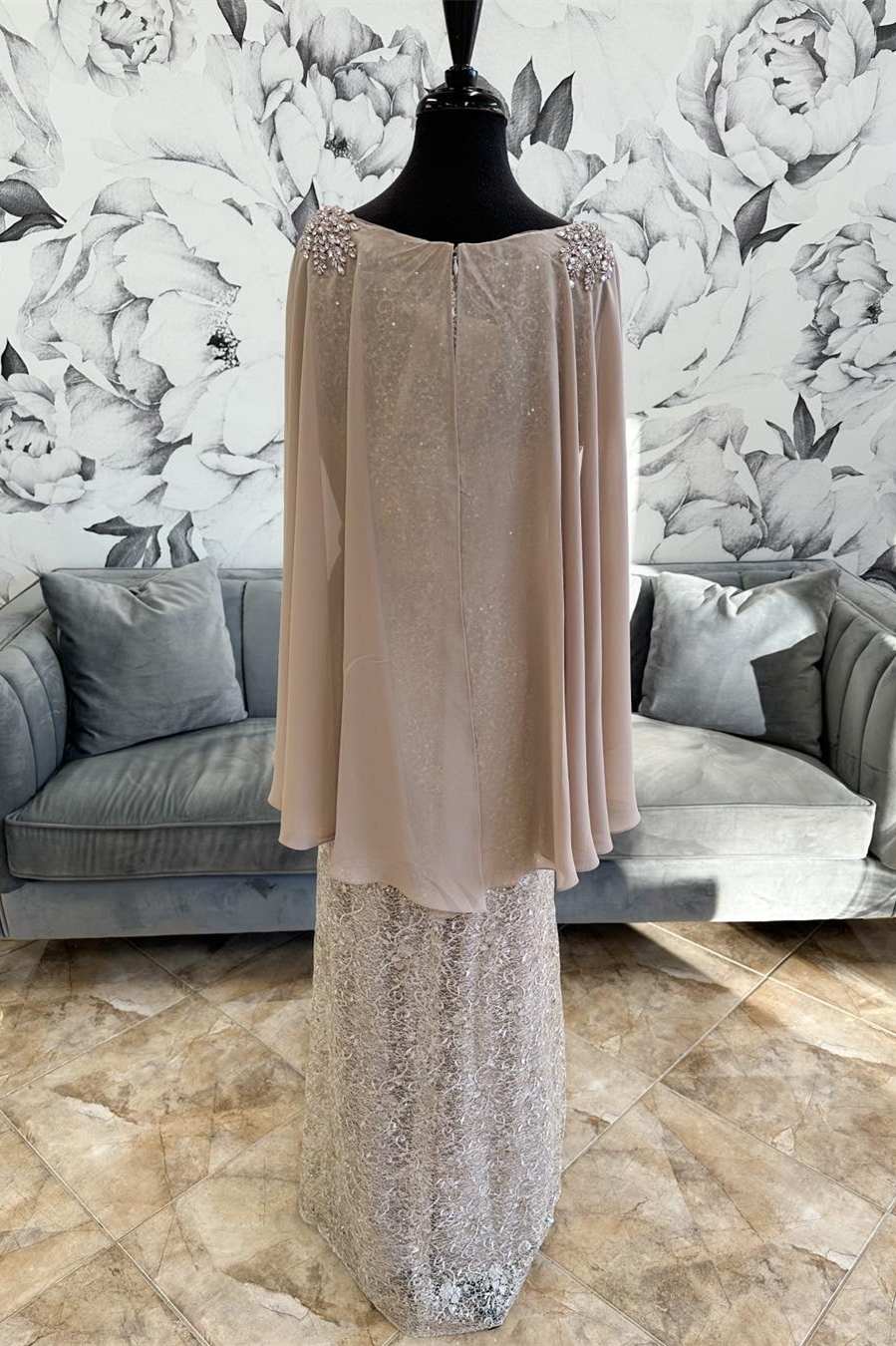 Gray Lace Beaded Long Formal Dress with Cape