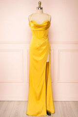 Yellow Cowl Neck Lace-Up Back Long Formal Dress with Slit