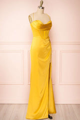 Yellow Cowl Neck Lace-Up Back Long Formal Dress with Slit