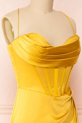 Yellow Cowl Neck Lace-Up Back Long Formal Dress with Slit