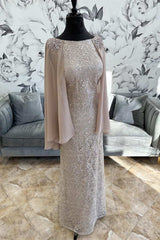 Gray Lace Beaded Long Formal Dress with Cape