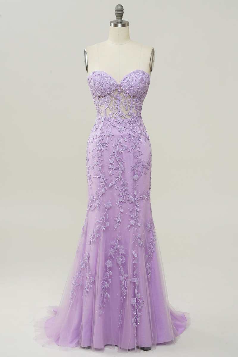 Lavender Floral Lace Strapless Mermaid Long Formal Dress