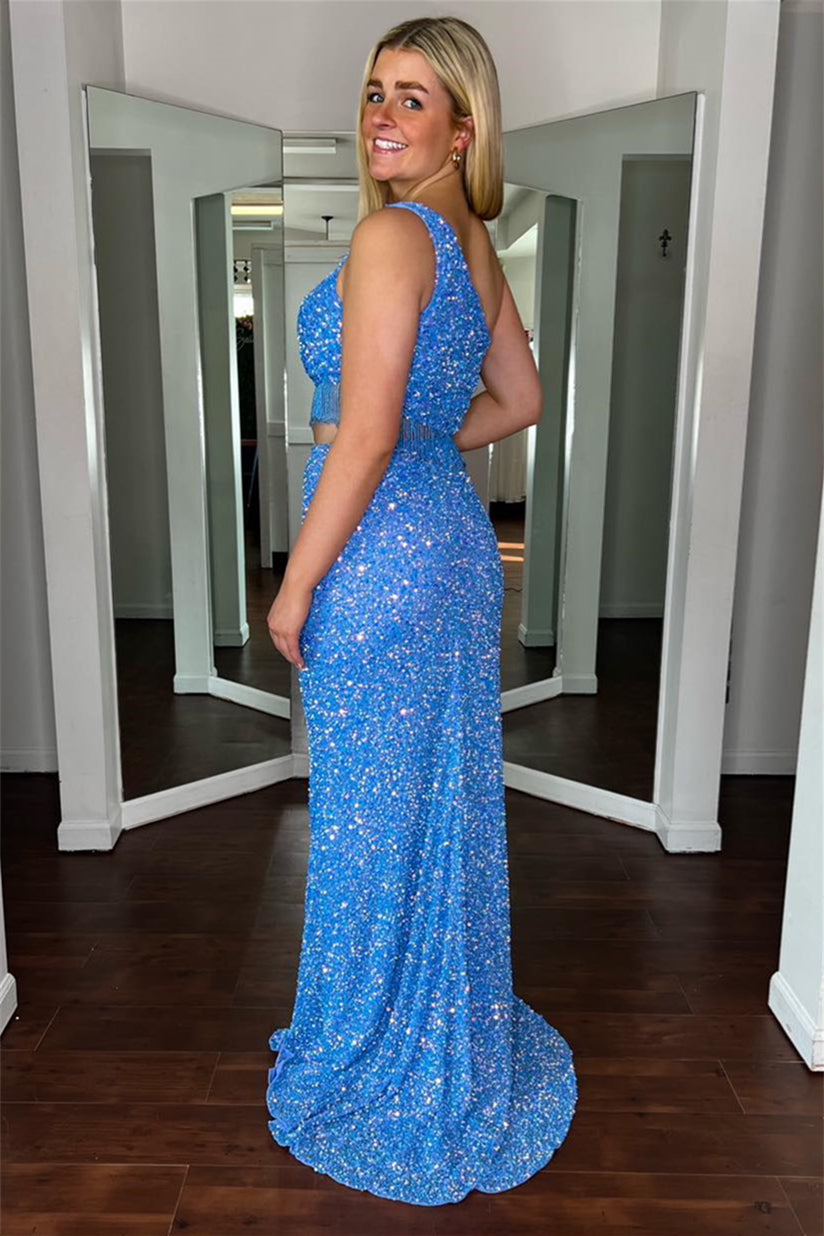 Blue JayMermaid One Shoulder Cut-Out Sequins Long Prom Dress with Slit