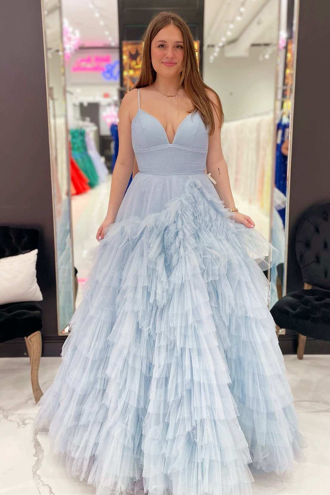 Blue Tulle Empire Waist Tiered A-Line Long Prom Dress with Ruffles