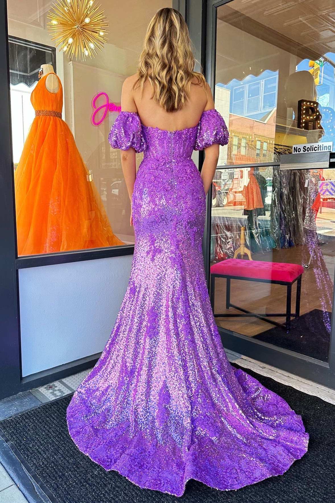 Purple Strapless Mermaid Sequins Slit Long Prom Dress