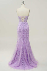 Lavender Floral Lace Strapless Mermaid Long Formal Dress