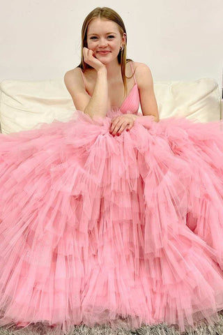 Pink Tulle Empire Waist Tiered A-Line Long Prom Dress with Ruffles