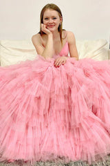 Pink Tulle Empire Waist Tiered A-Line Long Prom Dress with Ruffles