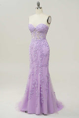 Lavender Floral Lace Strapless Mermaid Long Formal Dress