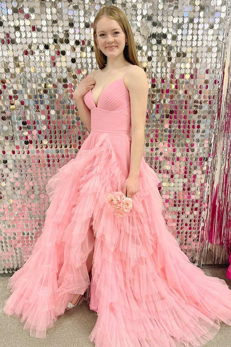 Pink Tulle Empire Waist Tiered A-Line Long Prom Dress with Ruffles