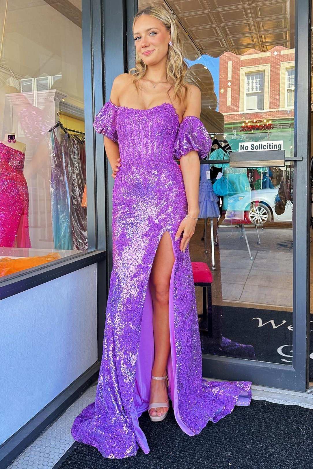 Purple Strapless Mermaid Sequins Slit Long Prom Dress