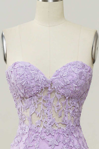 Lavender Floral Lace Strapless Mermaid Long Formal Dress
