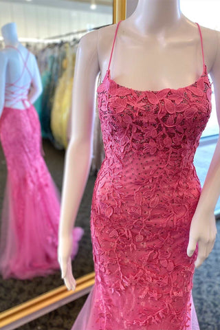 Hot Pink Floral Lace Lace-Up Back Mermaid Long Dress