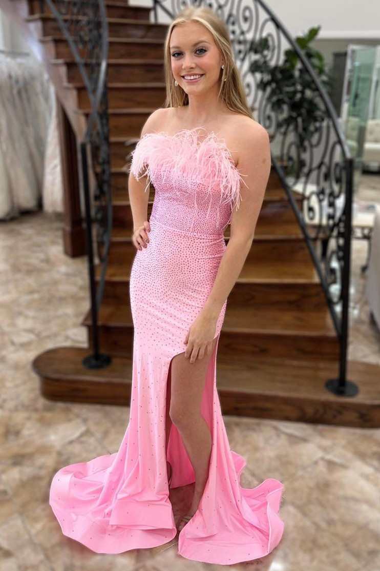 Pink Beaded Feathers Strapless Mermaid Long Prom Dress with Slit