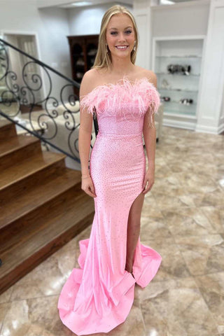Pink Beaded Feathers Strapless Mermaid Long Prom Dress with Slit