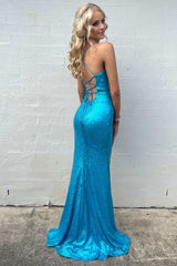 Blue Sequin V-Neck Lace-Up Mermaid Long Formal Dress with Slit