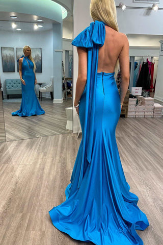 Blue Halter Open Back Trumpet Long Prom Gown